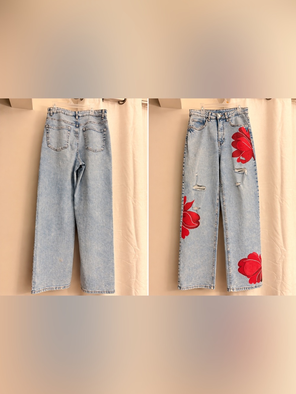 Light Wash Womenโs Jeans with Hand Painted By Local Artist Red Floral Motif